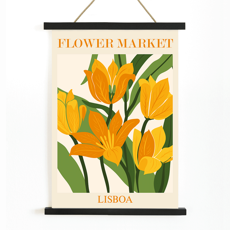 Yellow flowers illustrated in Flower Market Lisbon by Moryarty Poster featuring yellow-orange flowers with green leaves titled Flower Market Lisbon by Moryarty