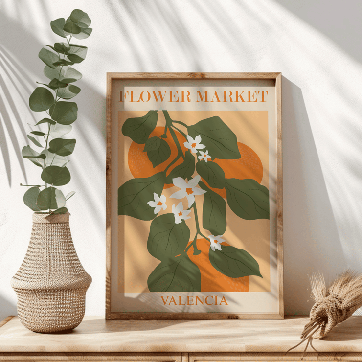 Illustration of flowers and green leaves on an orange background Flower Market Valencia by Moryarty Poster of Flower Market Valencia by Moryarty featuring green leaves and white flowers with orange background elements.