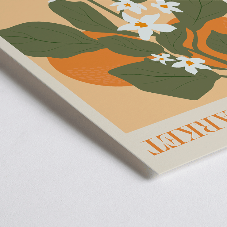 Illustration of flowers and green leaves on an orange background Flower Market Valencia by Moryarty Poster of Flower Market Valencia by Moryarty featuring green leaves and white flowers with orange background elements.