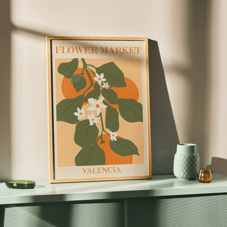Illustration of flowers and green leaves on an orange background Flower Market Valencia by Moryarty Poster of Flower Market Valencia by Moryarty featuring green leaves and white flowers with orange background elements.