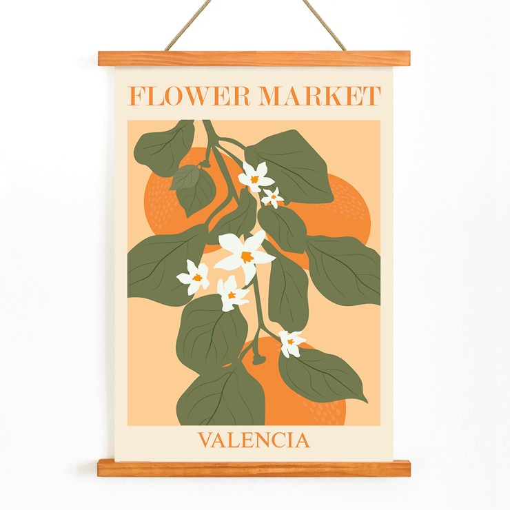 Illustration of flowers and green leaves on an orange background Flower Market Valencia by Moryarty Poster of Flower Market Valencia by Moryarty featuring green leaves and white flowers with orange background elements.