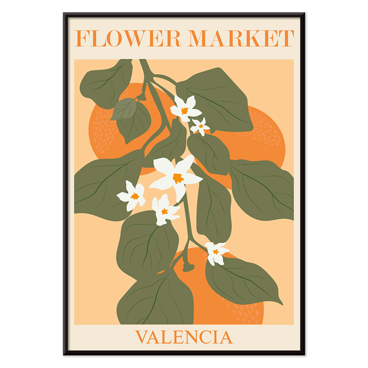 Illustration of flowers and green leaves on an orange background Flower Market Valencia by Moryarty Poster of Flower Market Valencia by Moryarty featuring green leaves and white flowers with orange background elements.