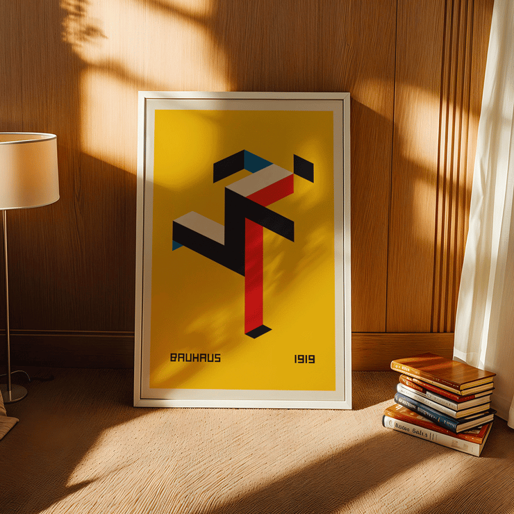 Geometric abstract design by Bauhaus 20 artist. Poster featuring geometric abstract art on yellow background titled "Bauhaus" by the artist 20.
