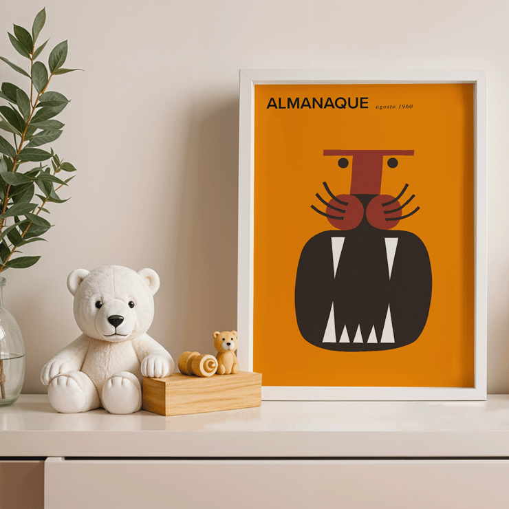 Almanaque magazine cover by Sebastiao Rodrigues featuring abstract animal artwork. Poster of Almanaque magazine cover featuring abstract face design by Sebastiao Rodrigues on an orange background.