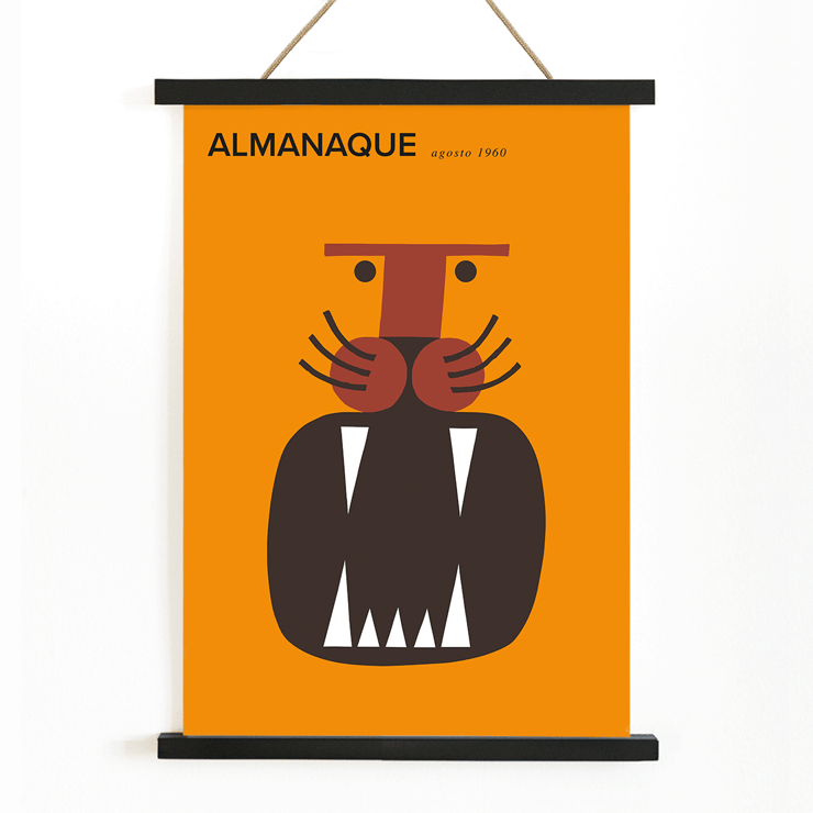 Almanaque magazine cover by Sebastiao Rodrigues featuring abstract animal artwork. Poster of Almanaque magazine cover featuring abstract face design by Sebastiao Rodrigues on an orange background.