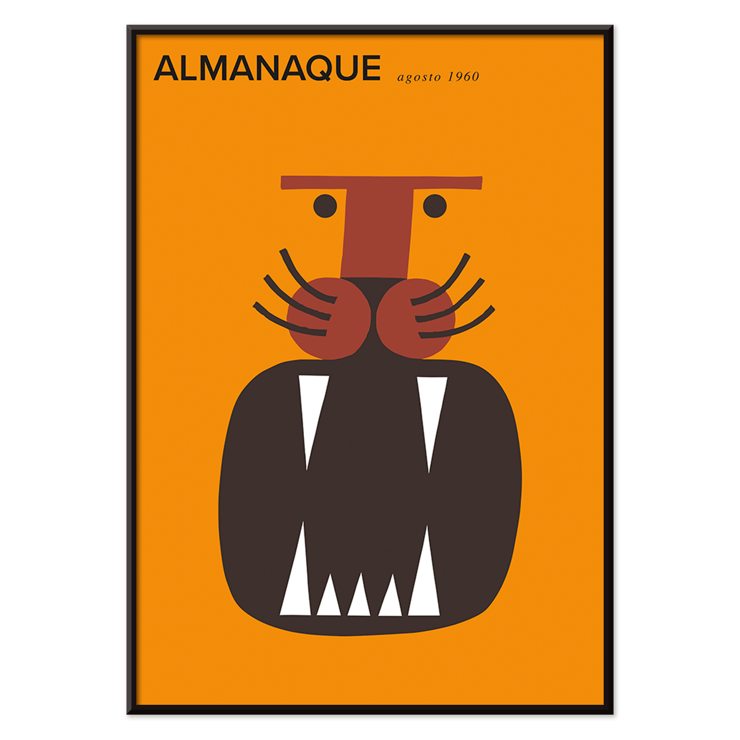 Almanaque magazine cover by Sebastiao Rodrigues featuring abstract animal artwork. Poster of Almanaque magazine cover featuring abstract face design by Sebastiao Rodrigues on an orange background.