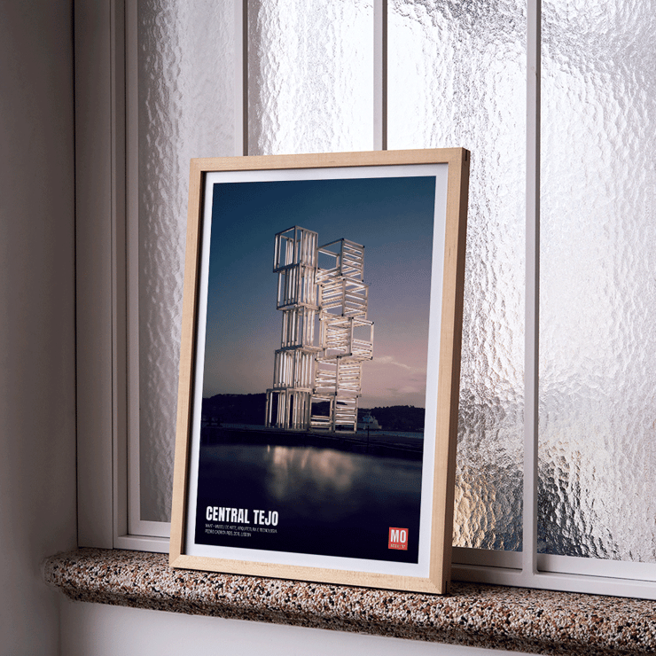 Central Tejo by Pedro Cabrita Reis at Mo Art Gallery Lisbon featuring illuminated architectural sculpture. Poster featuring Central Tejo in Lisbon by Pedro Cabrita Reis displayed by Mo Art Gallery with a modern architectural structure.