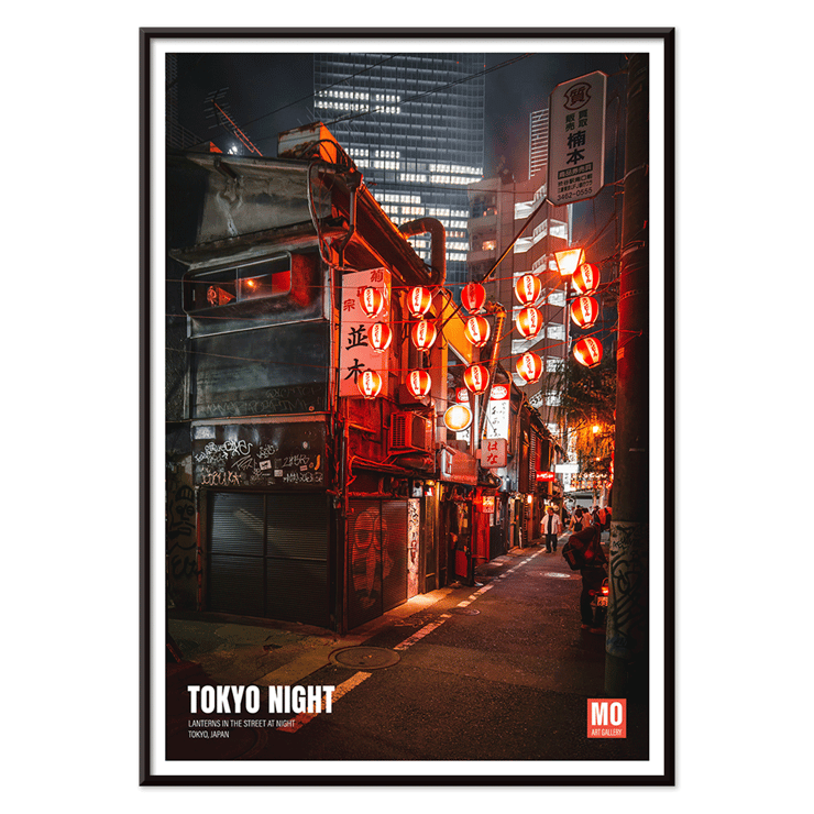 Tokyo street at night with lanterns by Mo Art Gallery titled Tokyo Night Poster depicting a vibrant Tokyo street at night with illuminated lanterns titled Tokyo Night by Mo Art Gallery.
