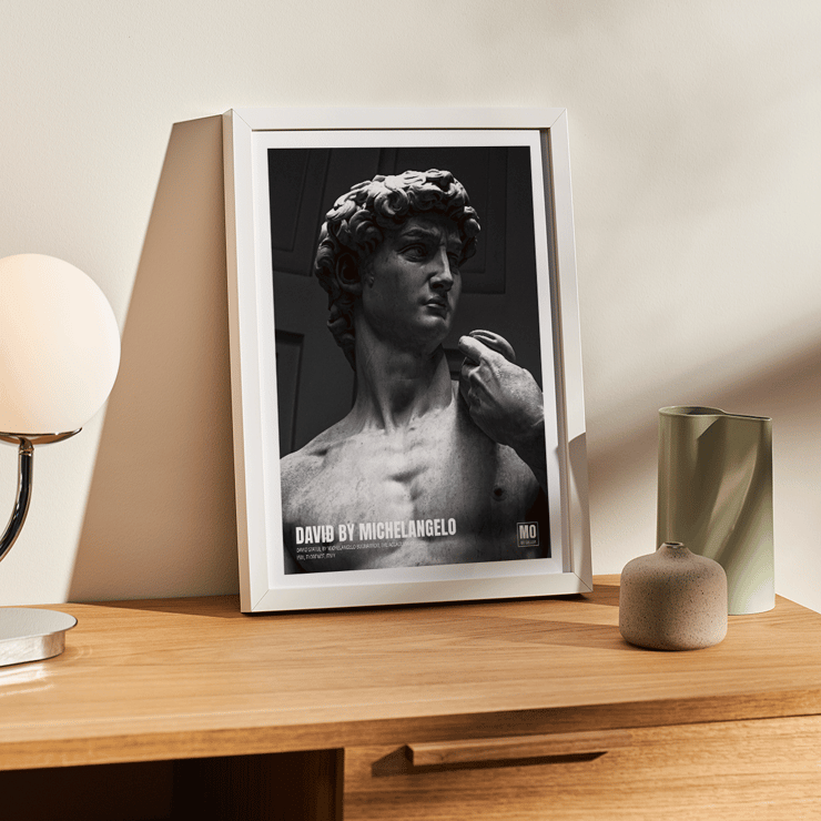 David by Michelangelo Buonarroti classic sculpture in Florence Mo Art Gallery Poster of David by Michelangelo Buonarroti from the Mo Art Gallery showing the sculpture in grayscale.