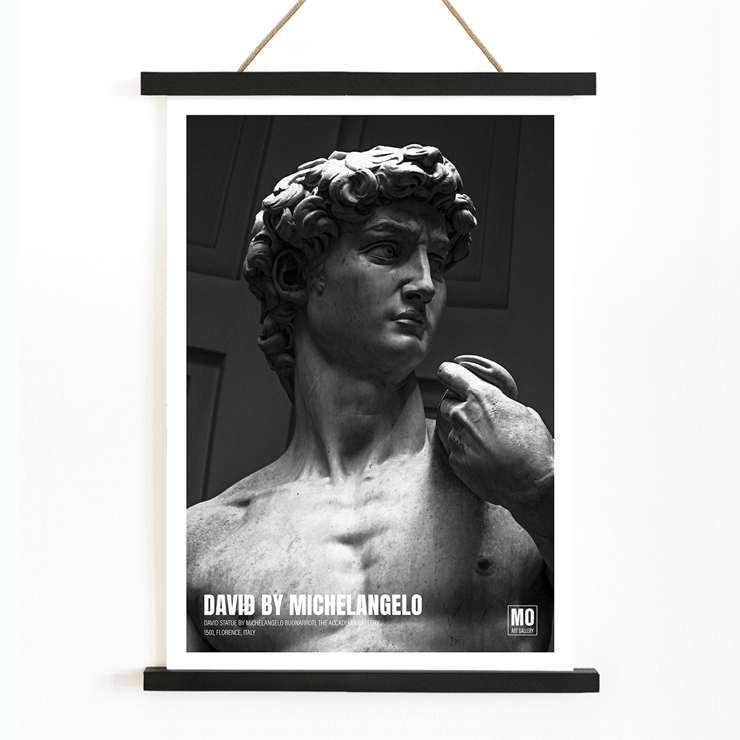 David by Michelangelo Buonarroti classic sculpture in Florence Mo Art Gallery Poster of David by Michelangelo Buonarroti from the Mo Art Gallery showing the sculpture in grayscale.