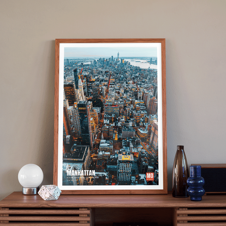 Aerial view of Manhattan New York by Mo Art Gallery. Poster of Manhattan skyline in New York titled Manhattan New York by Mo Art Gallery.