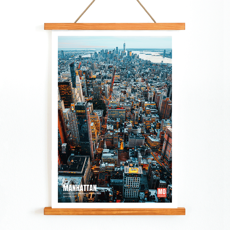 Aerial view of Manhattan New York by Mo Art Gallery. Poster of Manhattan skyline in New York titled Manhattan New York by Mo Art Gallery.