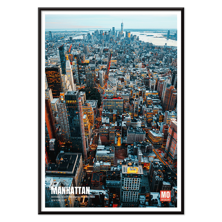 Aerial view of Manhattan New York by Mo Art Gallery. Poster of Manhattan skyline in New York titled Manhattan New York by Mo Art Gallery.