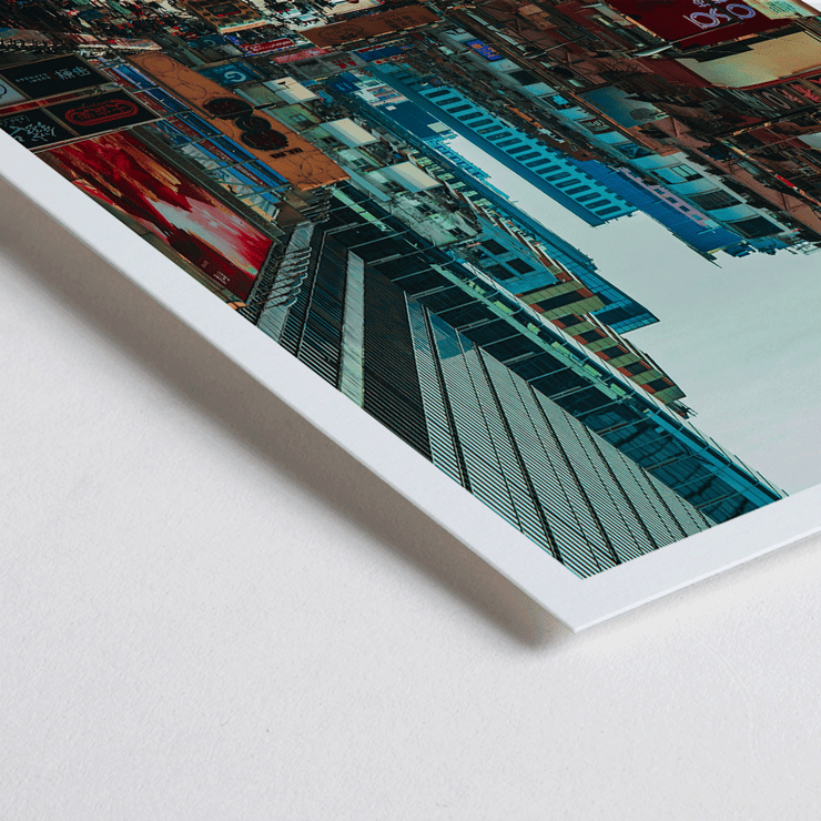 Bustling city street in Kowloon Hong Kong by Mo Art Gallery. Poster of a bustling Kowloon street scene in Hong Kong by Mo Art Gallery.