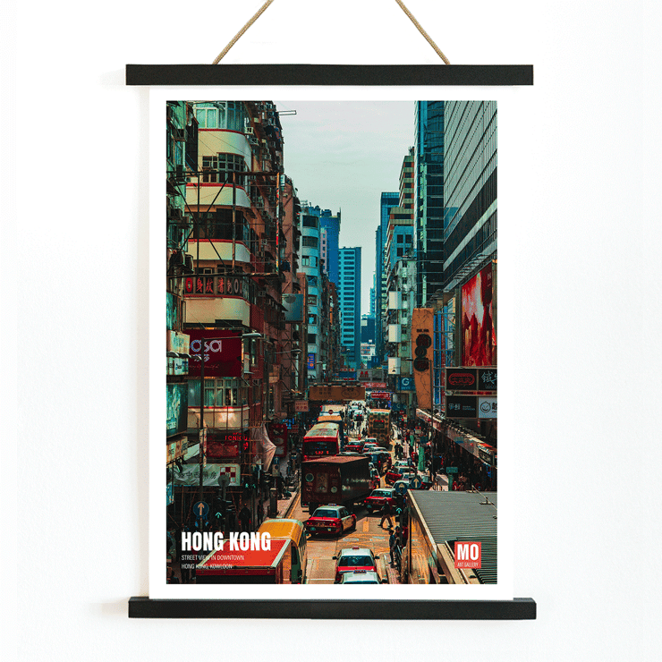 Bustling city street in Kowloon Hong Kong by Mo Art Gallery. Poster of a bustling Kowloon street scene in Hong Kong by Mo Art Gallery.