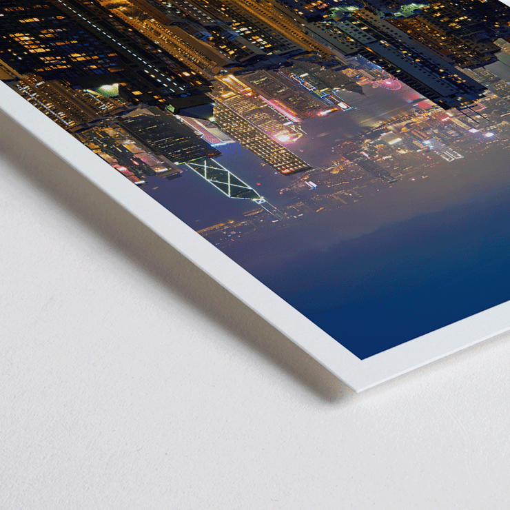 Hong Kong skyline at night captured in Hong Kong Nightview by Mo Art Gallery Poster titled Hong Kong Nightview by Mo Art Gallery showcasing a vibrant city skyline at night with illuminated skyscrapers.