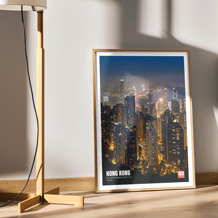 Hong Kong skyline at night captured in Hong Kong Nightview by Mo Art Gallery Poster titled Hong Kong Nightview by Mo Art Gallery showcasing a vibrant city skyline at night with illuminated skyscrapers.