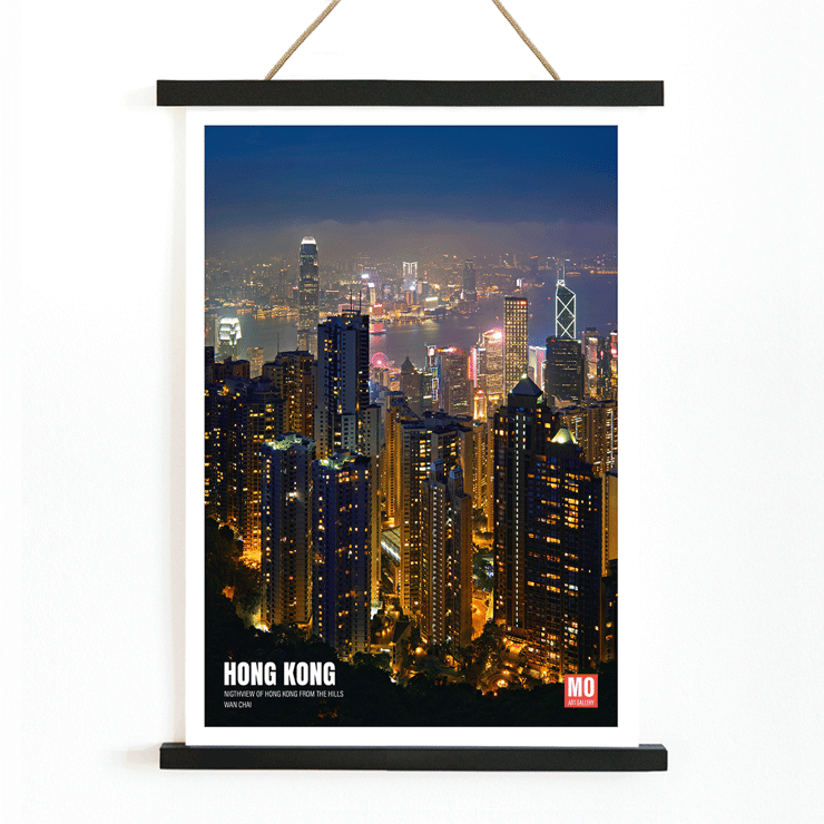 Hong Kong skyline at night captured in Hong Kong Nightview by Mo Art Gallery Poster titled Hong Kong Nightview by Mo Art Gallery showcasing a vibrant city skyline at night with illuminated skyscrapers.