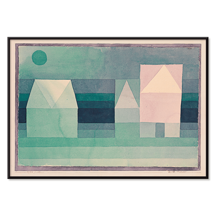 Maisons géométriques abstraites aux couleurs pastel douces, œuvre d'art de Paul Klee intitulée Trois Maisons Poster d'une œuvre d'art abstraite intitulée Trois Maisons de Paul Klee présentant des formes de maisons géométriques aux couleurs vertes et pastel