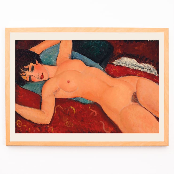 Nu couché by Amedeo Modigliani features a reclining nude woman on a red background Poster of Nu couché by Amedeo Modigliani depicting a reclining nude figure on a colorful background.