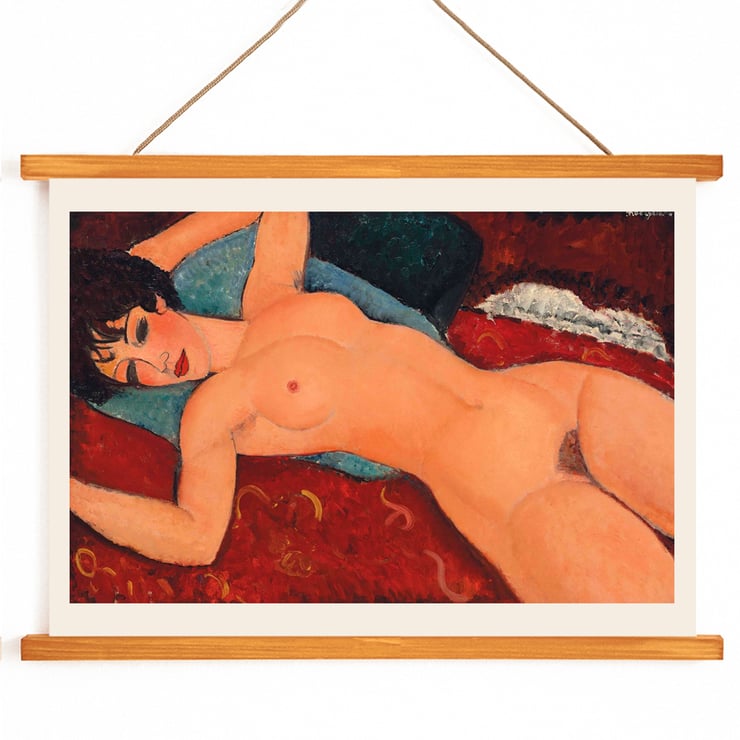 Nu couché by Amedeo Modigliani features a reclining nude woman on a red background Poster of Nu couché by Amedeo Modigliani depicting a reclining nude figure on a colorful background.