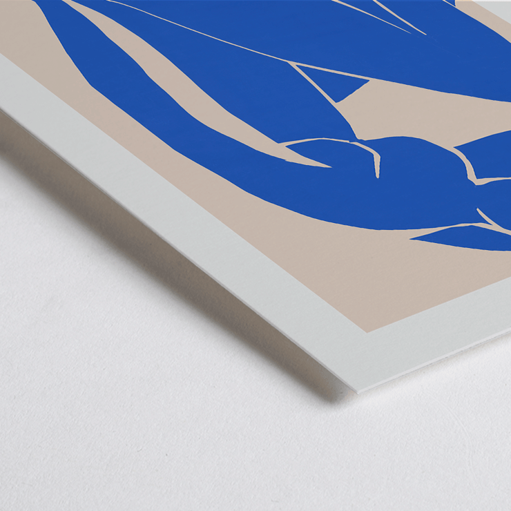 Nu Bleu II by Henri Matisse abstract blue figure art print framed Poster featuring the artwork Nu Bleu II by Henri Matisse with a blue abstract figure on a beige background.