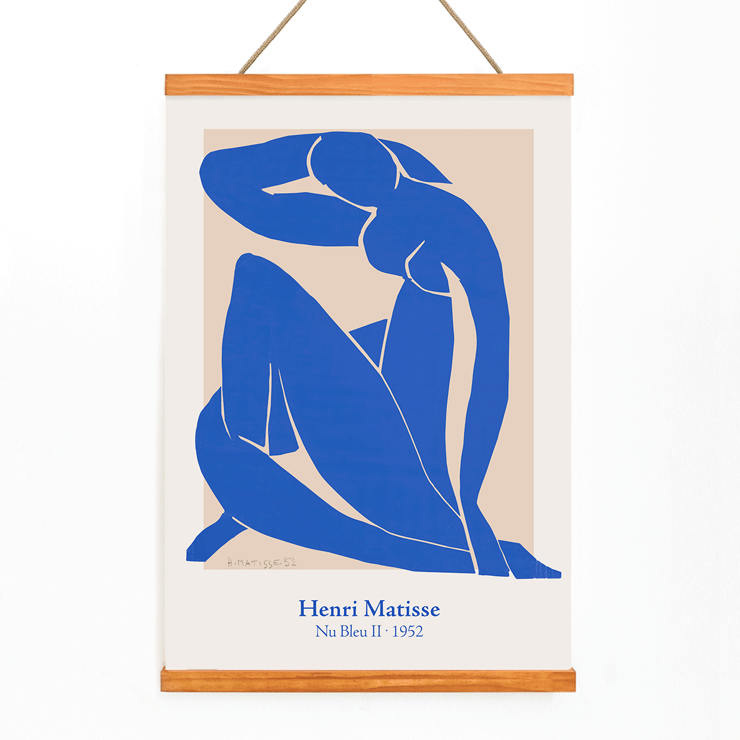 Nu Bleu II by Henri Matisse abstract blue figure art print framed Poster featuring the artwork Nu Bleu II by Henri Matisse with a blue abstract figure on a beige background.