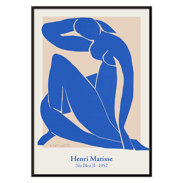 Nu Bleu II by Henri Matisse abstract blue figure art print framed Poster featuring the artwork Nu Bleu II by Henri Matisse with a blue abstract figure on a beige background.