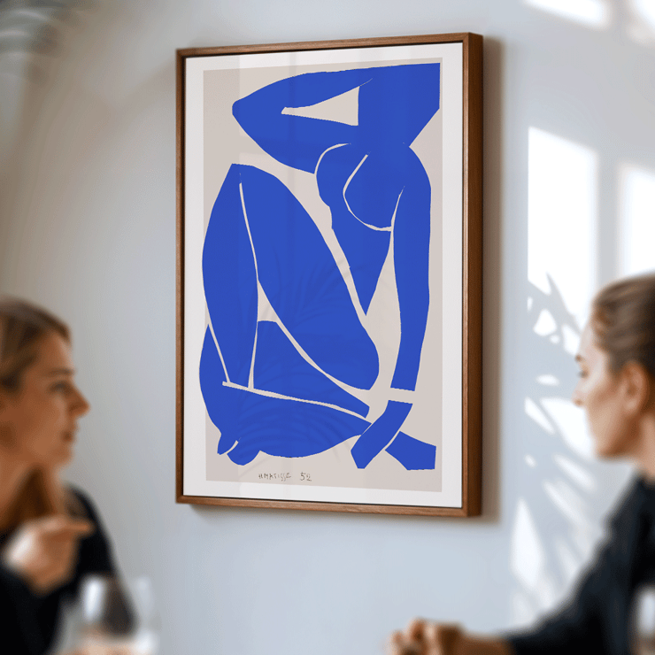 Henri Matisse's Nu Bleu III featuring bold blue abstract figure on white background. Poster featuring the artwork Nu Bleu III by Henry Matisse depicting a blue figure in an abstract form with minimalist design