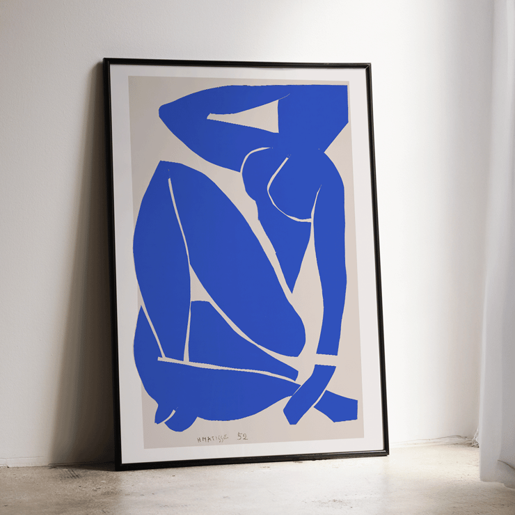 Henri Matisse's Nu Bleu III featuring bold blue abstract figure on white background. Poster featuring the artwork Nu Bleu III by Henry Matisse depicting a blue figure in an abstract form with minimalist design