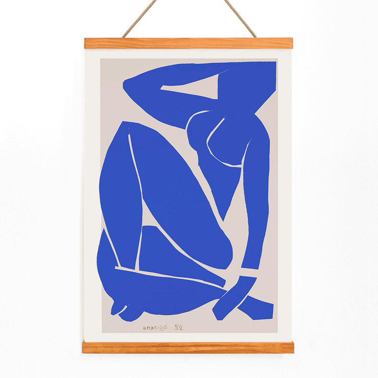 Henri Matisse's Nu Bleu III featuring bold blue abstract figure on white background. Poster featuring the artwork Nu Bleu III by Henry Matisse depicting a blue figure in an abstract form with minimalist design