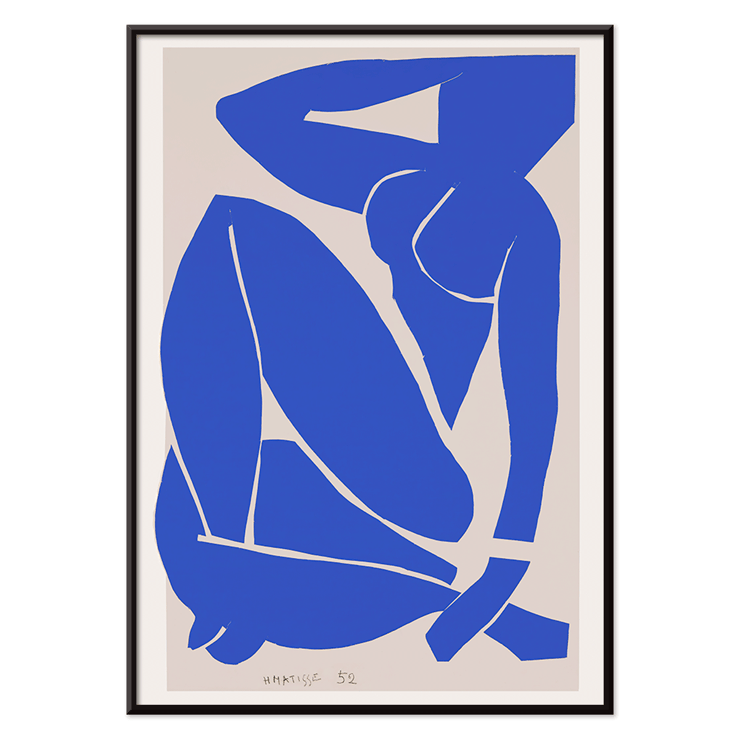 Henri Matisse's Nu Bleu III featuring bold blue abstract figure on white background. Poster featuring the artwork Nu Bleu III by Henry Matisse depicting a blue figure in an abstract form with minimalist design