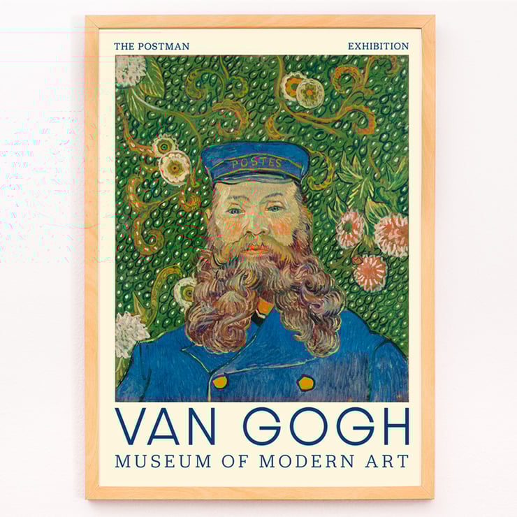 Van Gogh painting Portrait of Joseph Roulin at Museum of Modern Art exhibition Poster of Portrait of Joseph Roulin by Vincent van Gogh featuring a bearded man in a blue postman's uniform with floral background