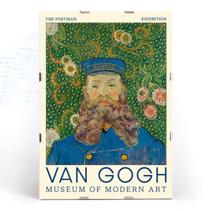 Van Gogh painting Portrait of Joseph Roulin at Museum of Modern Art exhibition Poster of Portrait of Joseph Roulin by Vincent van Gogh featuring a bearded man in a blue postman's uniform with floral background