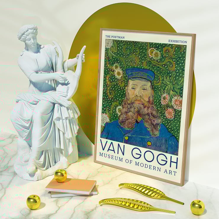 Van Gogh painting Portrait of Joseph Roulin at Museum of Modern Art exhibition Poster of Portrait of Joseph Roulin by Vincent van Gogh featuring a bearded man in a blue postman's uniform with floral background