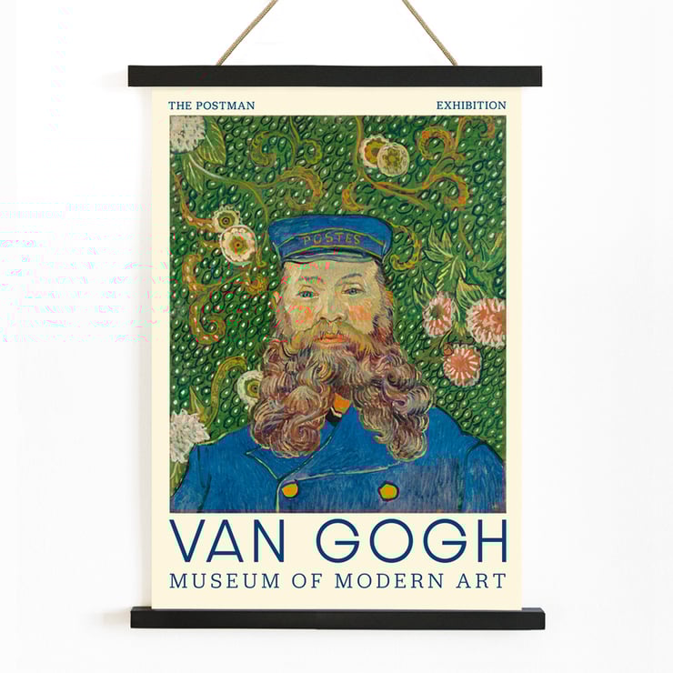 Van Gogh painting Portrait of Joseph Roulin at Museum of Modern Art exhibition Poster of Portrait of Joseph Roulin by Vincent van Gogh featuring a bearded man in a blue postman's uniform with floral background