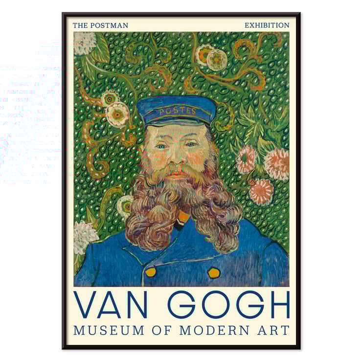 Van Gogh painting Portrait of Joseph Roulin at Museum of Modern Art exhibition Poster of Portrait of Joseph Roulin by Vincent van Gogh featuring a bearded man in a blue postman's uniform with floral background
