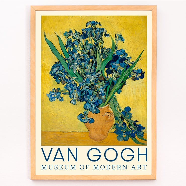 Irises by Vincent van Gogh vibrant bouquet in a vase on a yellow background. Poster of Irises by Vincent van Gogh featuring vibrant blue irises in a rustic vase on a bright yellow background.