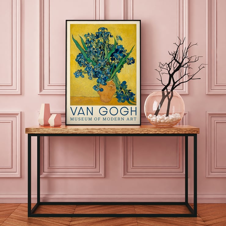 Irises by Vincent van Gogh vibrant bouquet in a vase on a yellow background. Poster of Irises by Vincent van Gogh featuring vibrant blue irises in a rustic vase on a bright yellow background.
