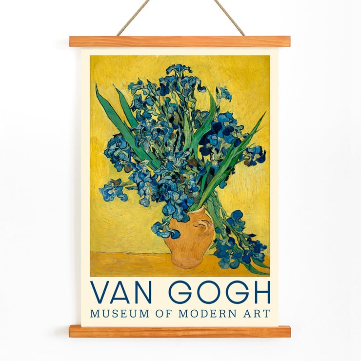 Irises by Vincent van Gogh vibrant bouquet in a vase on a yellow background. Poster of Irises by Vincent van Gogh featuring vibrant blue irises in a rustic vase on a bright yellow background.