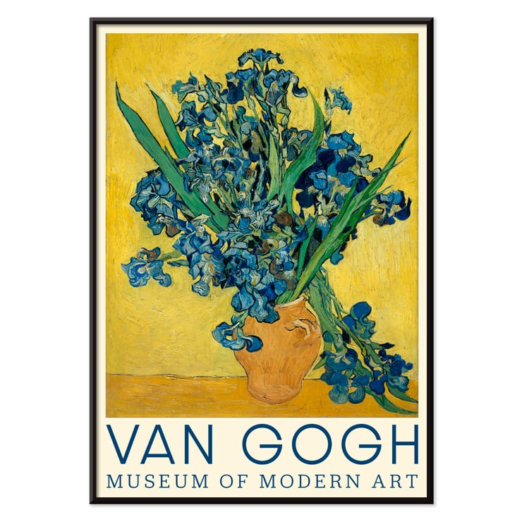 Irises by Vincent van Gogh vibrant bouquet in a vase on a yellow background. Poster of Irises by Vincent van Gogh featuring vibrant blue irises in a rustic vase on a bright yellow background.