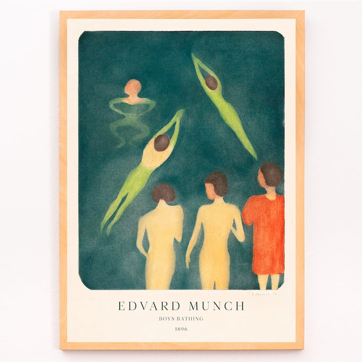 Painting Boys Bathing by Edvard Munch depicting five figures in water. Poster of Edvard Munch's artwork Boys Bathing depicting figures swimming and standing in water.
