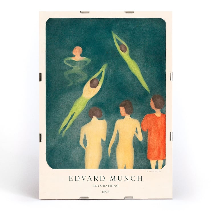 Painting Boys Bathing by Edvard Munch depicting five figures in water. Poster of Edvard Munch's artwork Boys Bathing depicting figures swimming and standing in water.