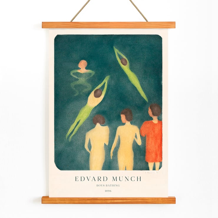 Painting Boys Bathing by Edvard Munch depicting five figures in water. Poster of Edvard Munch's artwork Boys Bathing depicting figures swimming and standing in water.