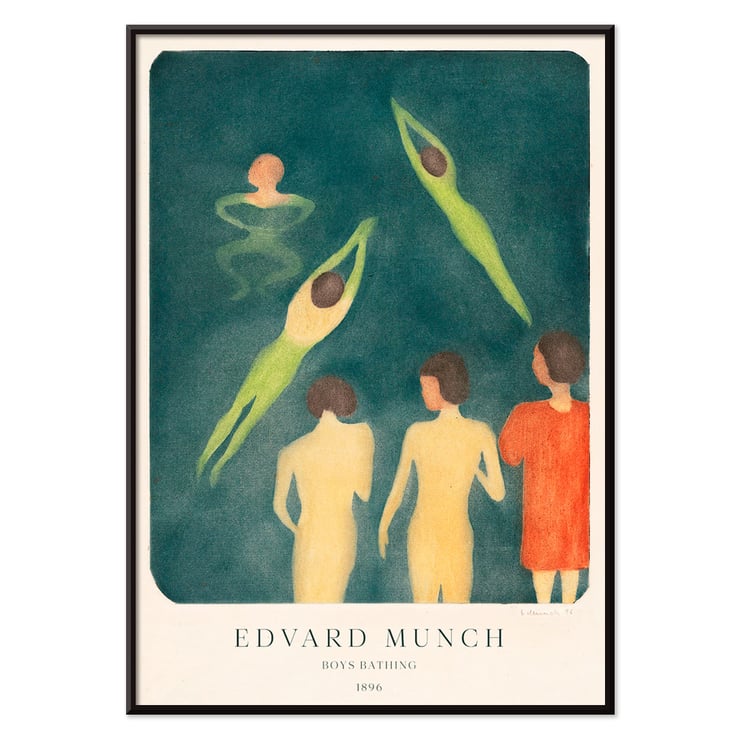 Painting Boys Bathing by Edvard Munch depicting five figures in water. Poster of Edvard Munch's artwork Boys Bathing depicting figures swimming and standing in water.