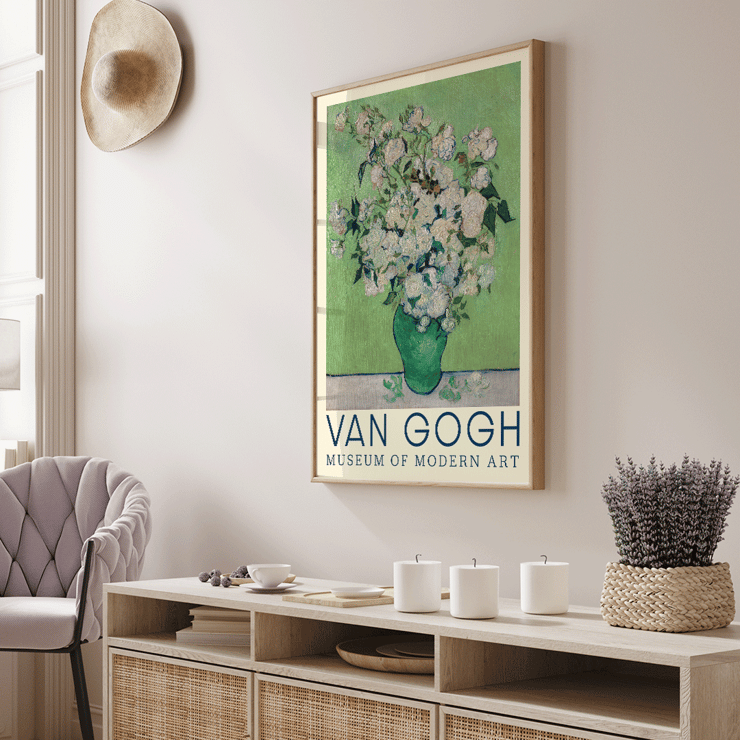 Vase of white roses by Vincent van Gogh Roses painting Museum of Modern Art artwork This poster features Roses by Vincent van Gogh showcasing a bouquet of white roses in a green vase against a soft green background.