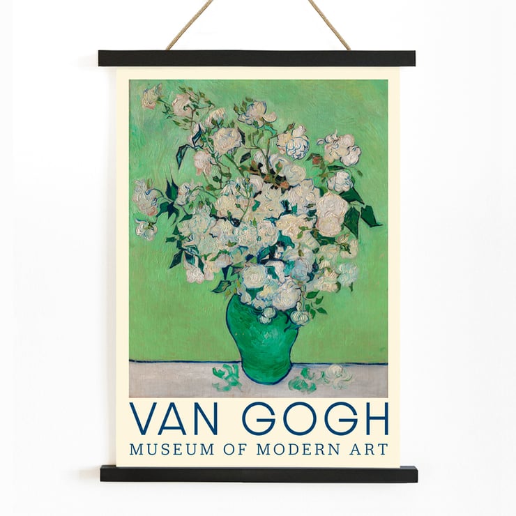 Vase of white roses by Vincent van Gogh Roses painting Museum of Modern Art artwork This poster features Roses by Vincent van Gogh showcasing a bouquet of white roses in a green vase against a soft green background.