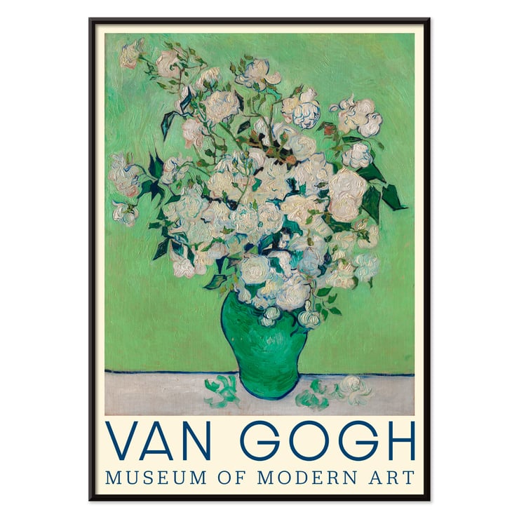 Vase of white roses by Vincent van Gogh Roses painting Museum of Modern Art artwork This poster features Roses by Vincent van Gogh showcasing a bouquet of white roses in a green vase against a soft green background.