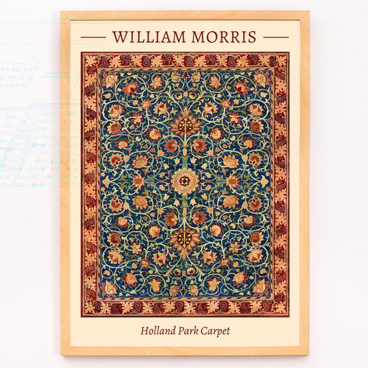 Holland Park Teppich von William Morris farbenfrohes, kompliziertes Blumenmuster Poster mit Holland Park Carpet von William Morris mit kompliziertem Blumenmuster und satten Farben.