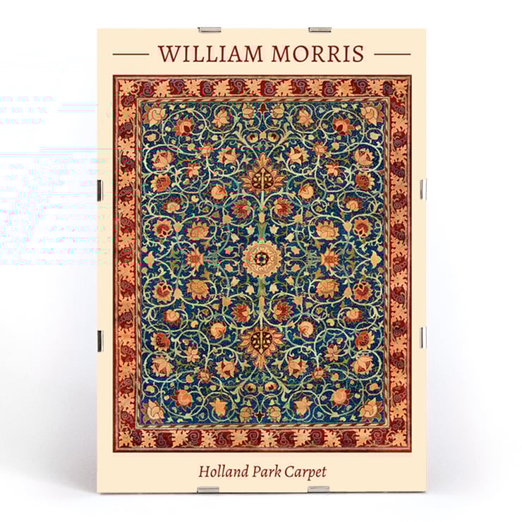 Holland Park Teppich von William Morris farbenfrohes, kompliziertes Blumenmuster Poster mit Holland Park Carpet von William Morris mit kompliziertem Blumenmuster und satten Farben.